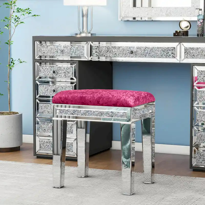 Mirror Diamond Vanity Stool with Velvet Upholstered Seat