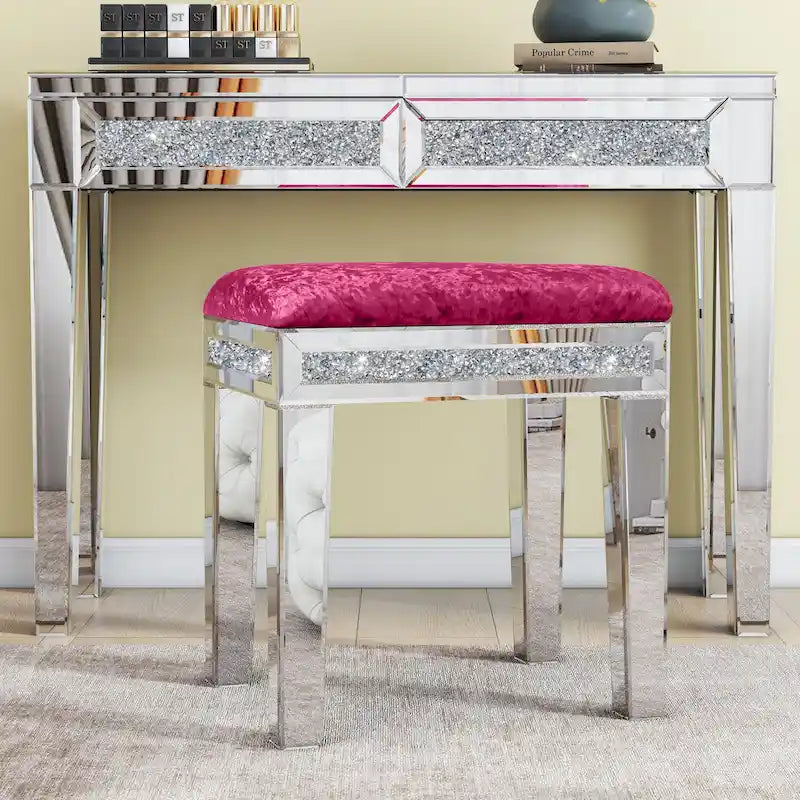 Mirror Diamond Vanity Stool with Velvet Upholstered Seat