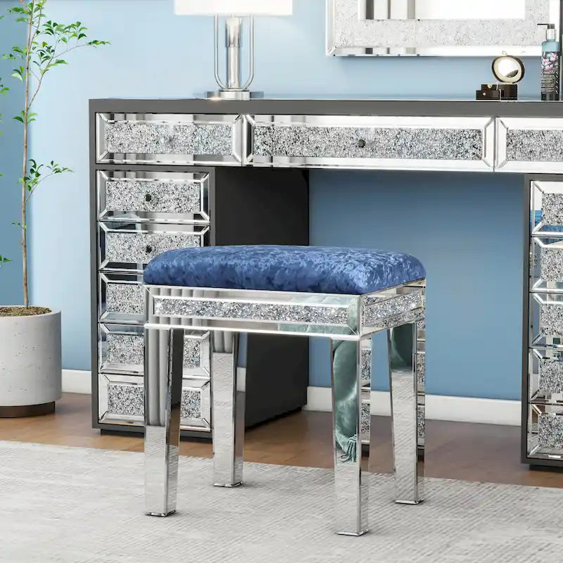 Mirror Diamond Vanity Stool with Velvet Upholstered Seat