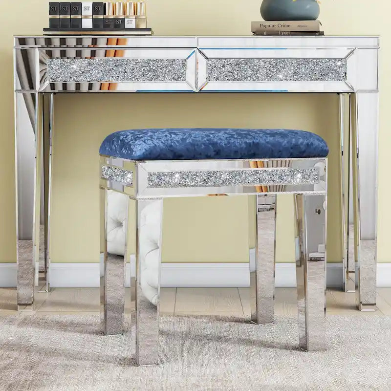 Mirror Diamond Vanity Stool with Velvet Upholstered Seat