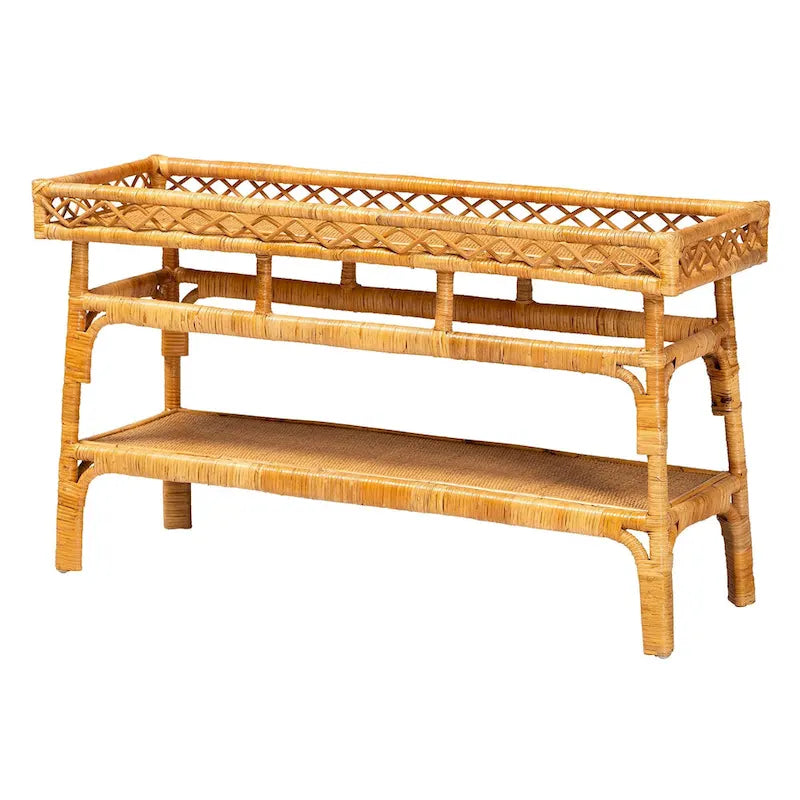 Modern Bohemian Natural Rattan 2-Tier Console Table