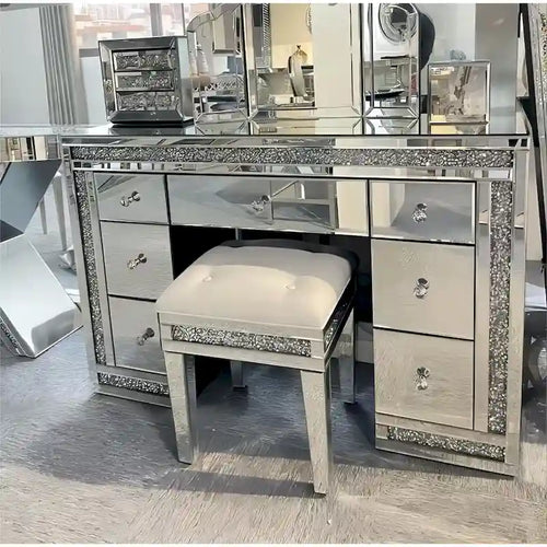 7-Drawer Mirrored Vanity Dressing Makeup Table with Sparkling Diamond