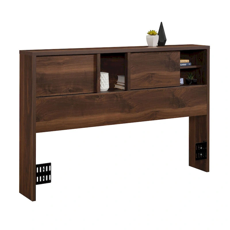 Full-Queen Bookcase Headboard with Sliding Door Storage
