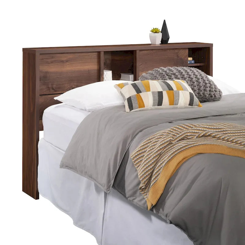 Full-Queen Bookcase Headboard with Sliding Door Storage