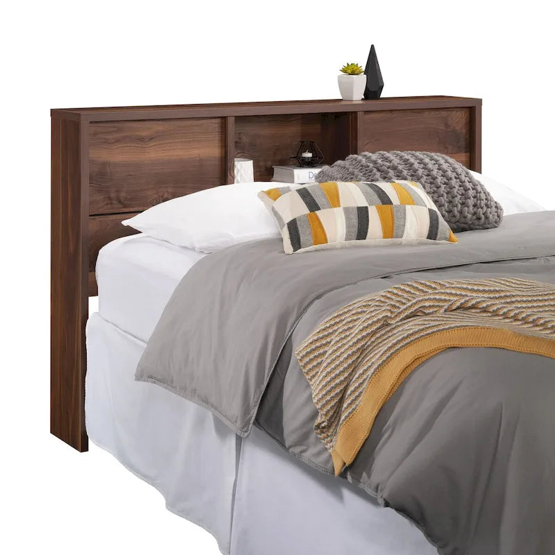Full-Queen Bookcase Headboard with Sliding Door Storage