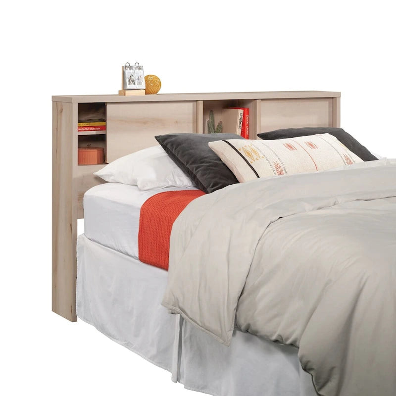 Full-Queen Bookcase Headboard with Sliding Door Storage