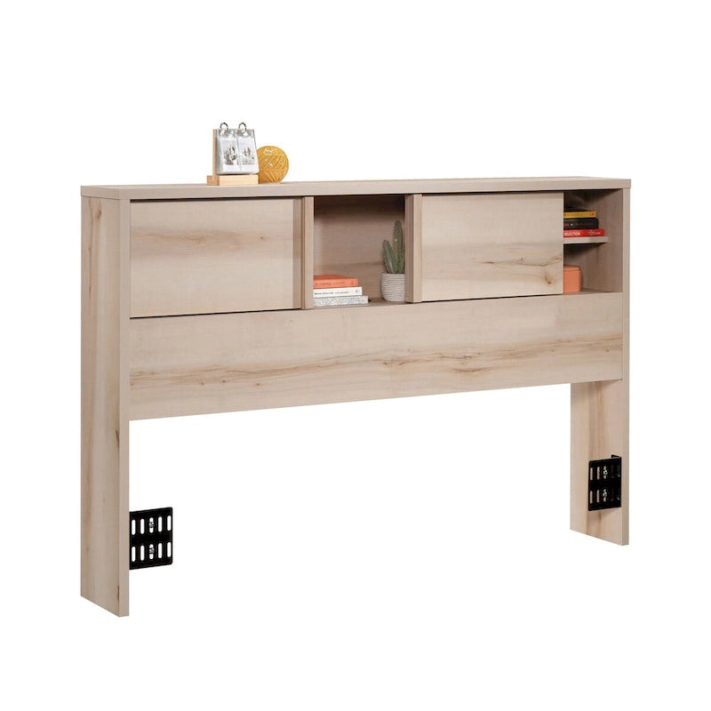Full-Queen Bookcase Headboard with Sliding Door Storage