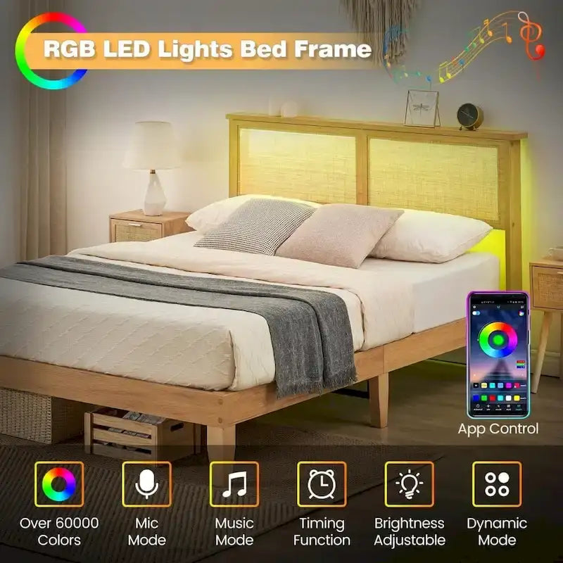 Modern Wooden Platform Bed Frame With Square Natural Rattan Headboard And LED Lights