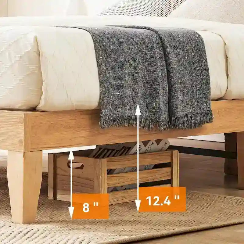 Modern Wooden Platform Bed Frame With Square Natural Rattan Headboard And LED Lights