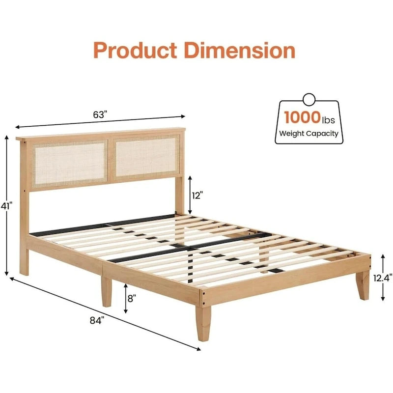 Modern Wooden Platform Bed Frame With Square Natural Rattan Headboard And LED Lights