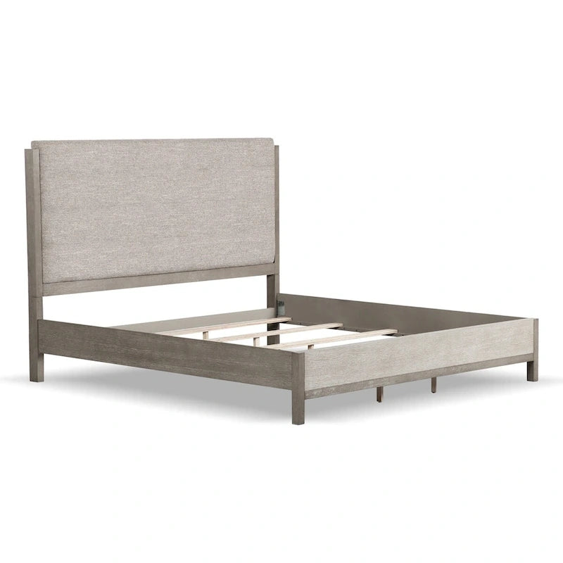 Contemporary Gray Solid Wood Panel Bed Frame with Upholstered Headboard