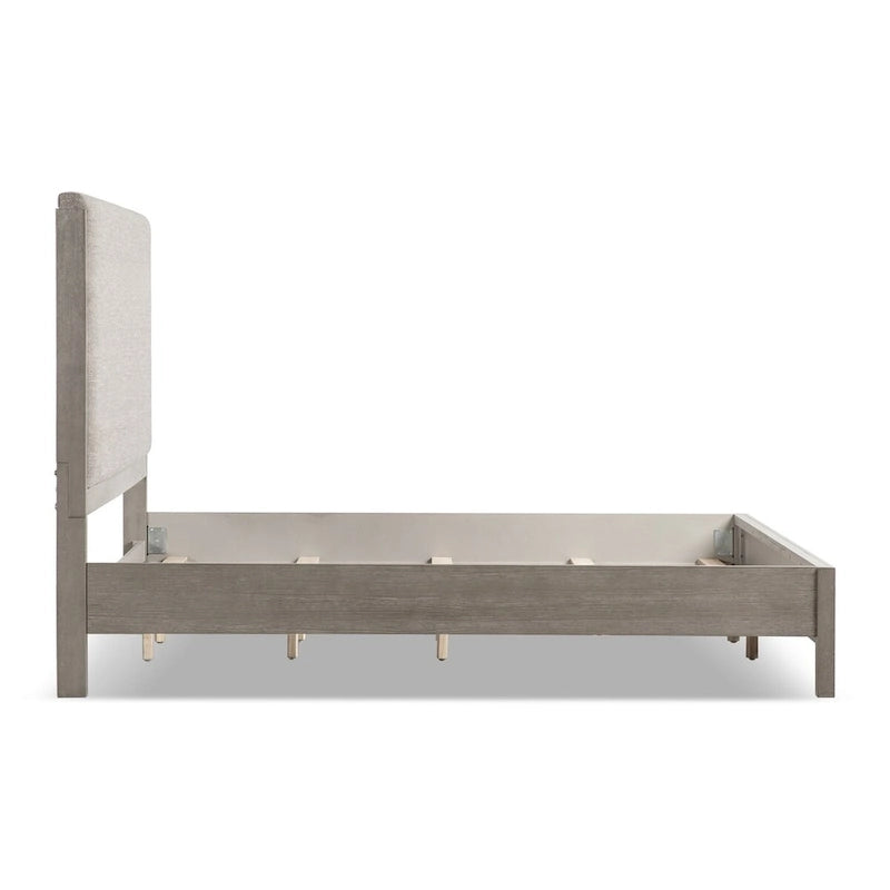 Contemporary Gray Solid Wood Panel Bed Frame with Upholstered Headboard