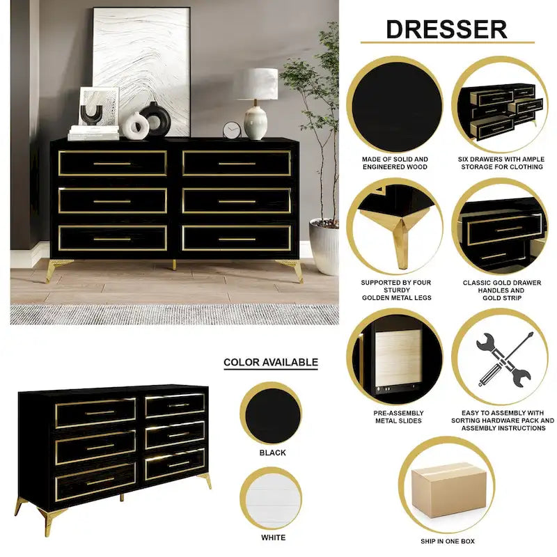 Contemporary Dresser with 6 Drawers, Gold Accents