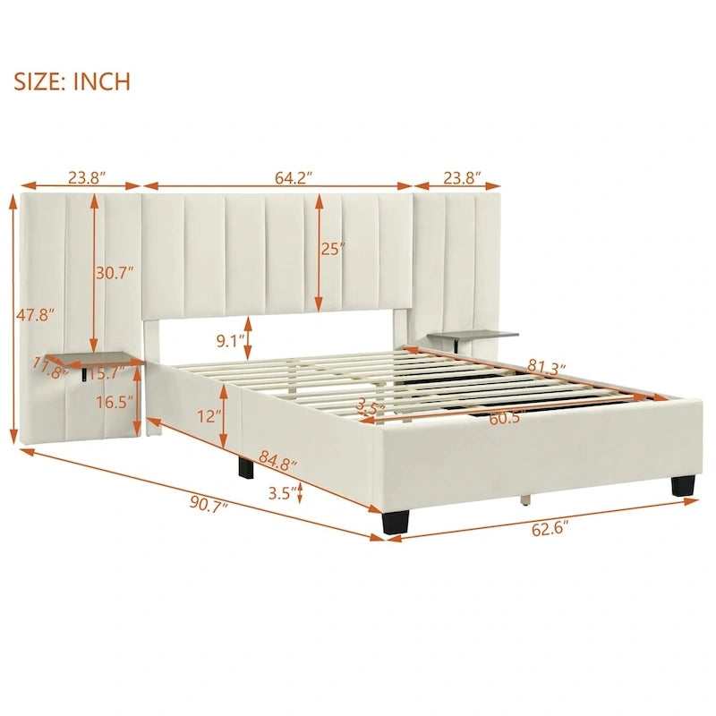 Queen Size Velvet Upholstered Platform Bed with Big Headboard