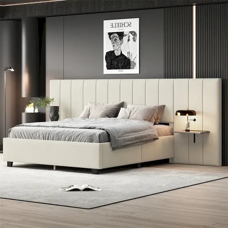 Queen Size Velvet Upholstered Platform Bed with Big Headboard