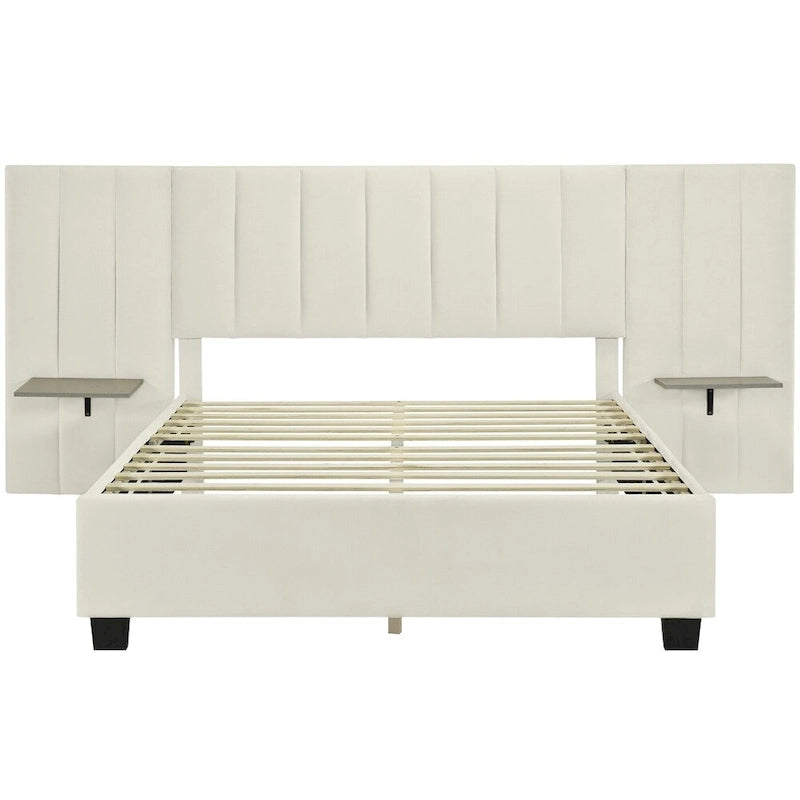 Queen Size Velvet Upholstered Platform Bed with Big Headboard