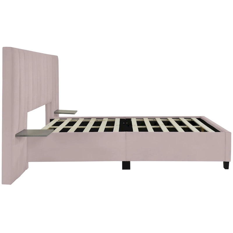 Queen Size Velvet Upholstered Platform Bed with Big Headboard