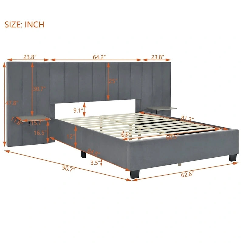 Queen Size Velvet Upholstered Platform Bed with Big Headboard