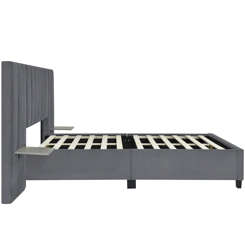 Queen Size Velvet Upholstered Platform Bed with Big Headboard