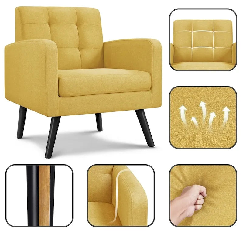 Mid Century Modern Fabric Accent Arm Chair with Rubber Wood Legs