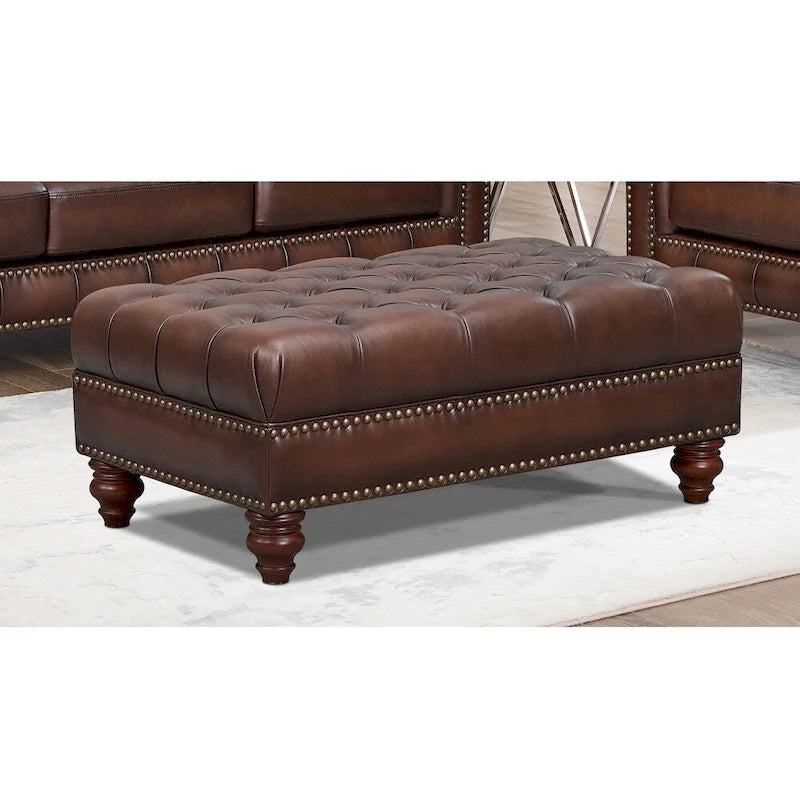 Top Grain Leather Ottoman with Diamond Tufting
