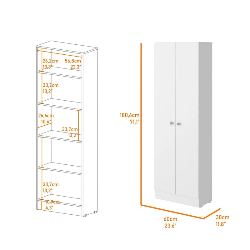 Tall Double Door Storage Cabinet with 5 Shelves, White