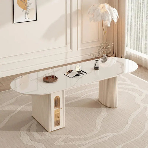 Tavolo da pranzo moderno pieghevole con contenitore per 8 persone, ovale allungabile da 78.7", in pietra sinterizzata bianca