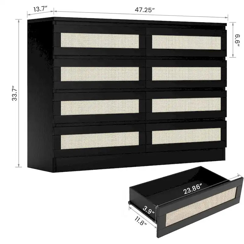 8 Drawer Rattan Double Storage Dresser for Bedroom