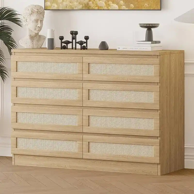 8 Drawer Rattan Double Storage Dresser for Bedroom