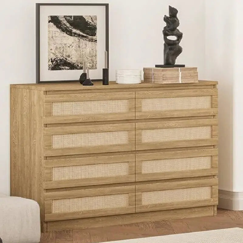 8 Drawer Rattan Double Storage Dresser for Bedroom